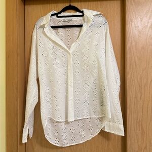 Zara White Eyelet Button Down Shirt